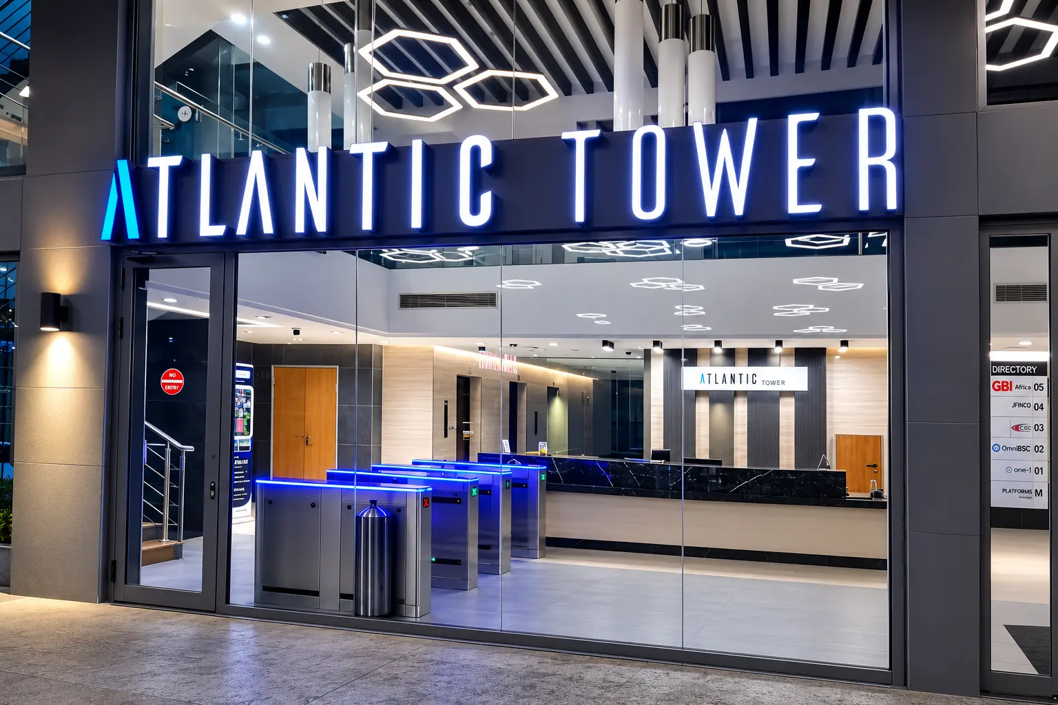 Atlantic Tower entrance signage and lobby by MYKA Signage
